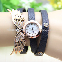 2015 New fashion Women's Vintage Angel Wings Pendant Rhinestone Leather Bracelet Quartz Wrist Watch BWL007